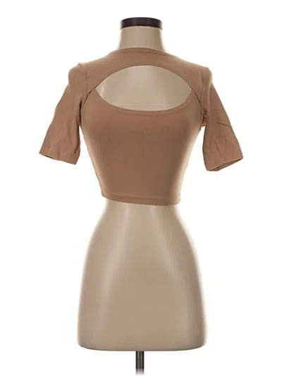 Pre-owned Los Angeles Apparel Short Sleeve Top Tan Keyhole Neckline Tops