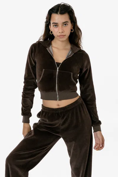 Los Angeles Apparel Vlr310gd - Garment Dye Velour Mid-length Zip-up Hoodie In Brown