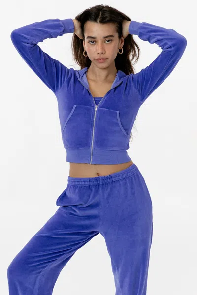 Los Angeles Apparel Vlr310gd - Garment Dye Velour Mid-length Zip-up Hoodie In Blue