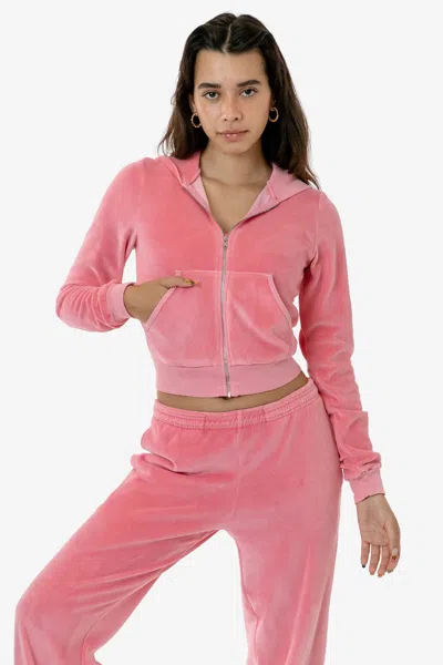 Los Angeles Apparel Vlr310gd - Garment Dye Velour Mid-length Zip-up Hoodie In Pink