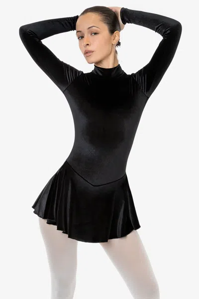 Los Angeles Apparel Vvt410 - Velvet Long Sleeve Mockneck Skirted Leotard In Black
