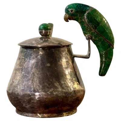 Pre-owned Los Castillos Vintage Los Castillo Silver Plate Parrot Sugar Dish, Malachite Stone In Black