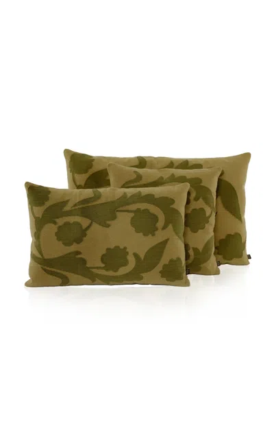 Los Encajeros Floral Embroidered Cotton Cushion In Green