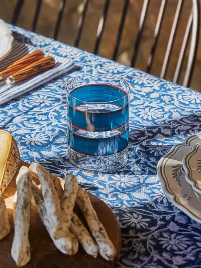 Los Vasos De Agua Clara Wahaka Stripe Hand-painted Glass Tumblers (set Of 6)  Abask Gift Set In Blue