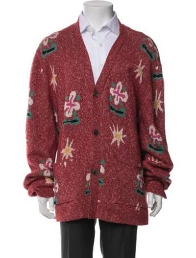 Pre-owned Lost Daze Printed V-neck Cardigan In Red