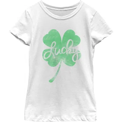 Lost Gods Kids' Girl's  Distressed Green Lucky Clover  Graphic T-shirt In White
