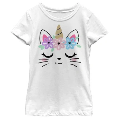 Lost Gods Kids' Girl's  Kitty Unicorn With Flower Crown  Graphic T-shirt In White