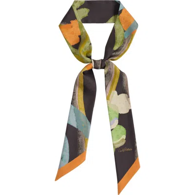 Lost Pattern "ethereal Mirage" Silk Twill Skinny Scarf In Brown