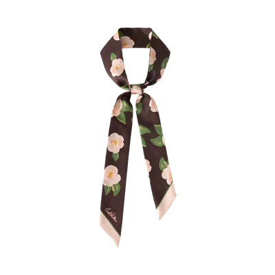 Lost Pattern Nyc "camellia" Silk Twill Skinny Scarf In Brown
