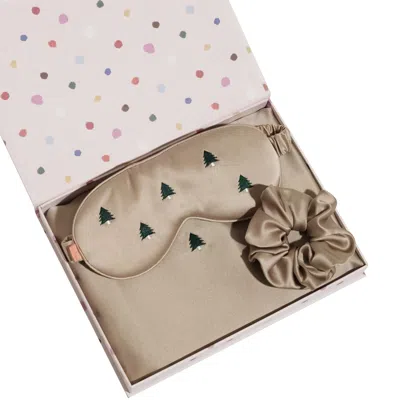 Lost Pattern Nyc Grey Evergreen 3 Piece Silk Gift Set - Silk Pillowcase & Silk Sleep Eye Mask & Silk Scrunchie In Gray