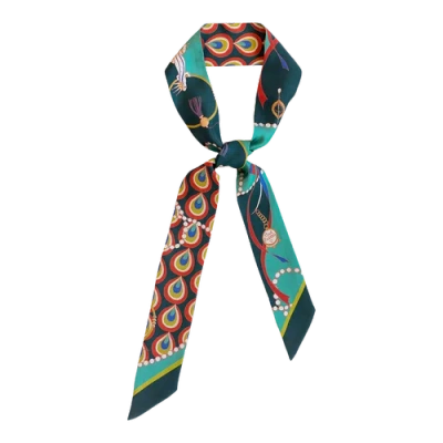 Lost Pattern Nyc "peacock" Silk Twill Skinny Scarf In Green