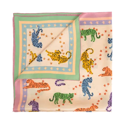 Lost Pattern Nyc Women's Green "neon Tigers" Large Silk Scarf