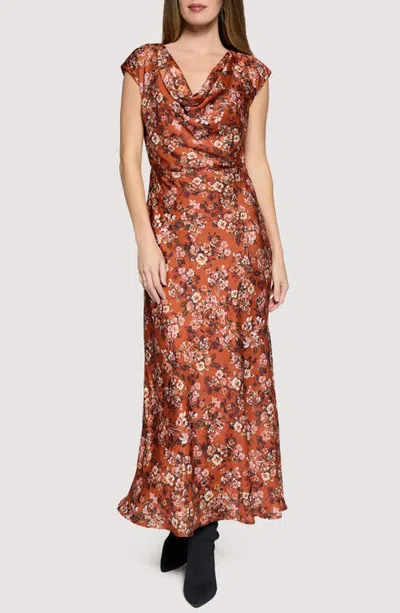 Lost + Wander Bouquet Cowl Neck Satin Maxi Dress In Rust Floral