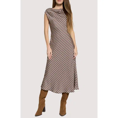 Lost + Wander Chelsea Lane Stripe Satin Midi Dress In Brown