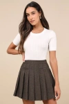 Lost + Wander Delfina Brown Herringbone Tweed Pleated High-rise Mini Skirt In Brown