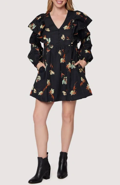 Lost + Wander Field Of Dreams Ruffle Long Sleeve Minidress In Black Multi Floral