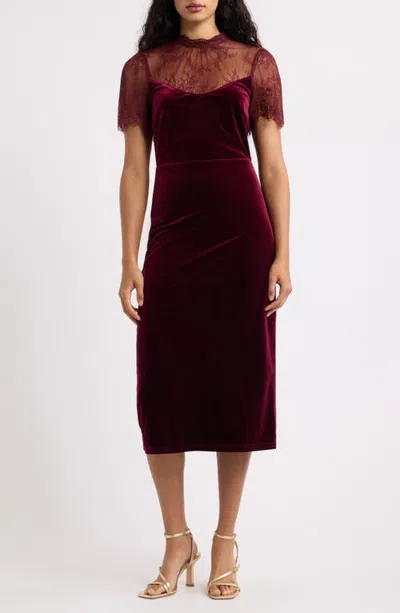 Lost + Wander Fiorella Lace & Velvet Midi Dress In Burgundy