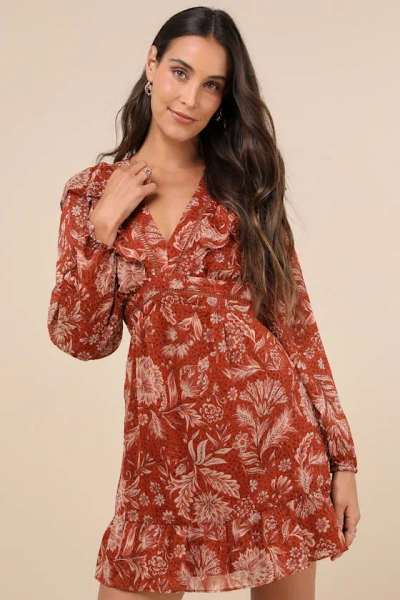 Lost + Wander Florencia Rust Floral Clip Dot Ruffled Mini Dress With Pockets In Red