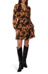 Lost + Wander Golden Rendezvous Floral Print Long Sleeve Minidress In Brown