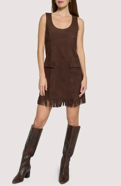 Lost + Wander Modern Muse Fringe Hem Faux Suede Shift Minidress In Brown