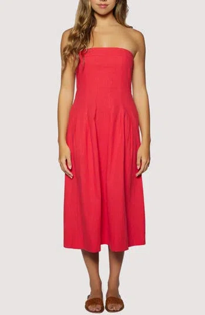 Lost + Wander Ruby Breeze Strapless Cotton & Linen Midi Dress In Red