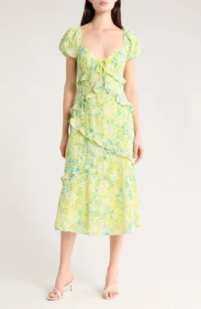 Lost + Wander Sunbloom Puff Sleeve Ruffle Midi Dress In Yellow-multi