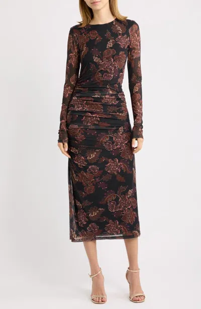 Lost + Wander Whispers Of Bohemia Floral Long Sleeve Mesh Midi Dress In Black-plum-floral