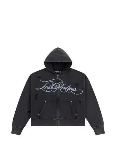 Lostshdws Distressed Script-print Hoodie In Black