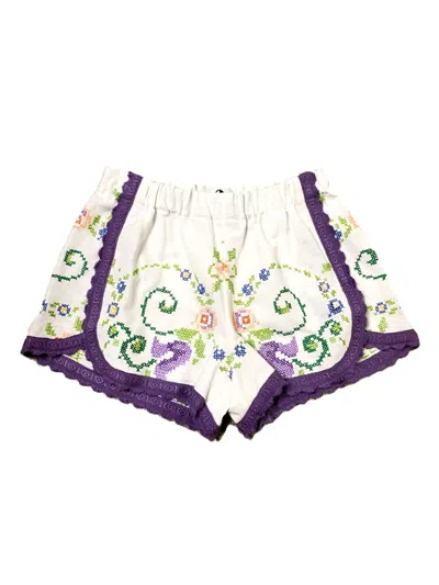 Lot Embroidered-floral Lace-trim Shorts In White