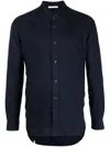Lot78 Blue Band Collar Denim Shirt In Blue