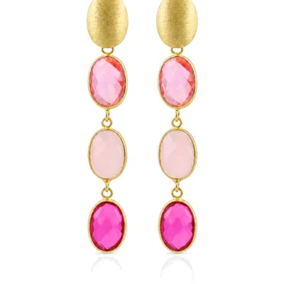Lott. Gioielli Women's Pink / Gold Three Framed Stones Earrings - Fuchsia Pink Mix - April In Pink/gold