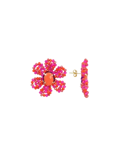 Lott.gioielli Blooming Flower Silk Statement Earrings In Fuchsia Mix