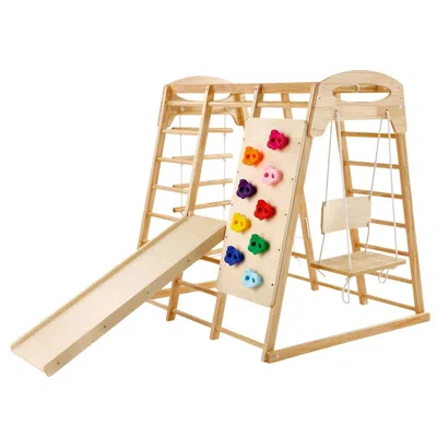 Lotube Indoor Jungle Gym, 7-in-1 Toddler Indoor Playground, Wooden Toddler Climbing Toys Indoor With Wood & In Brown