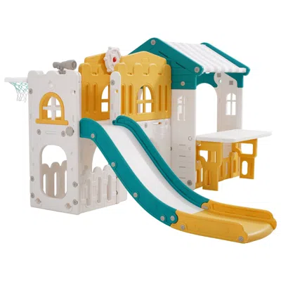 Lotube Outdoor Playhouse, Versatile Toddler Playground With Slide, Basketball, Telescope, Steering Wheel, C In Animal Print