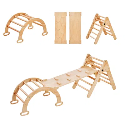 Lotube Pikler Triangle Set, 5 In 1 Toddler Climbing Toys Indoor Playground, Ramp, And Arch, Montessori Clim In Brown