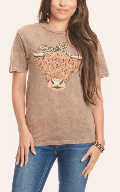 Lotus Fashion Women's Mocha Cinnamon Highland Cow Graphic Short Sleeve T-shirt In Brown