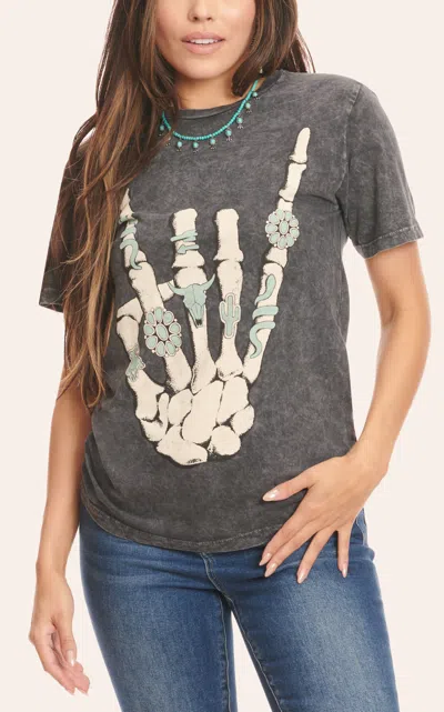 Lotus Fashion Women's Washed Black Rockin' Rings Skeleton Hand Graphic Short Sleeve T-shirt In Gray