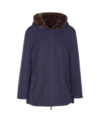Lou Andrea Reversible Hooded Coat In Blue