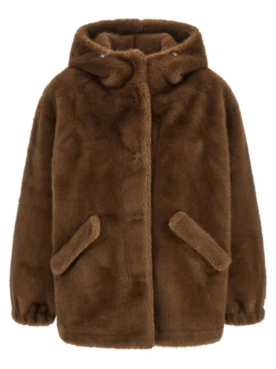 Lou Andrea Eco-fur Hooded Coat In Brown