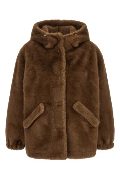 Lou Andrea Eco-fur Hooded Jacket In Brown