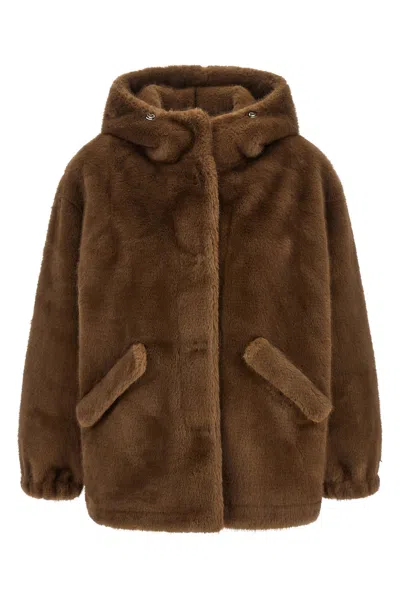 Lou Andrea Hooded Faux Fur Jacket In Brown