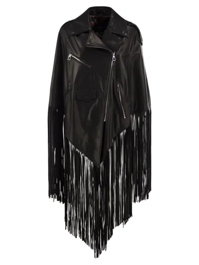 Lou Andrea Leather Biker Jacket With Fringes In Black