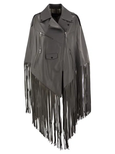 Lou Andrea Leather Biker Jacket With Fringes In Gray