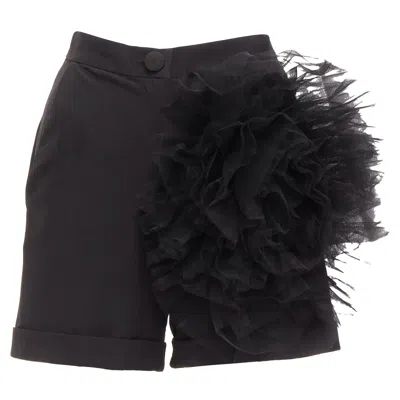 Loulou Studio Oversized Tulle Flower High Waisted Cuffed Shorts In Black