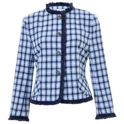 Louche Women's Amora Blue Tweed Fringe Trim Jacket