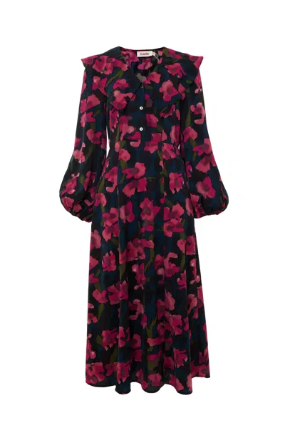 Louche Women's Black / Pink / Purple Amada Watermark Floral Print Long Sleeve Midaxi Dress In Black/pink/purple