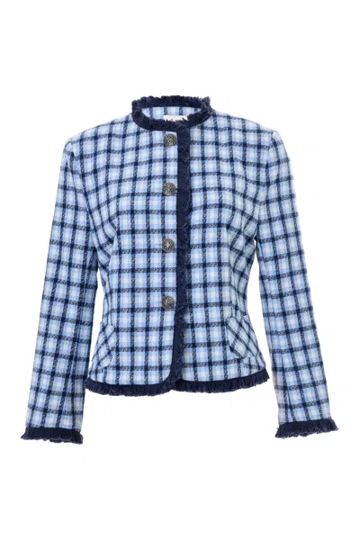 Louche Women's Blue Amora Spring Tweed Fringe Trim Jacket
