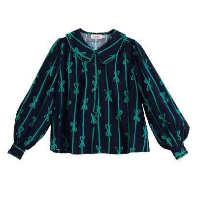 Louche Women's Blue Martta Tie Up Lace Trimmed Collar Blouse - Navy In Green