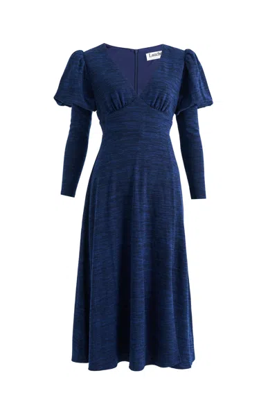 Louche Women's Blue Moa Sustainable Marl Puff Sleeve V Neck Midi Dress - Navy
