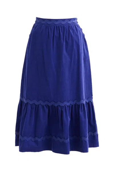 Louche Women's Blue Montana Babycord Ric Rac Trim Tiered Midi Skirt - Navy